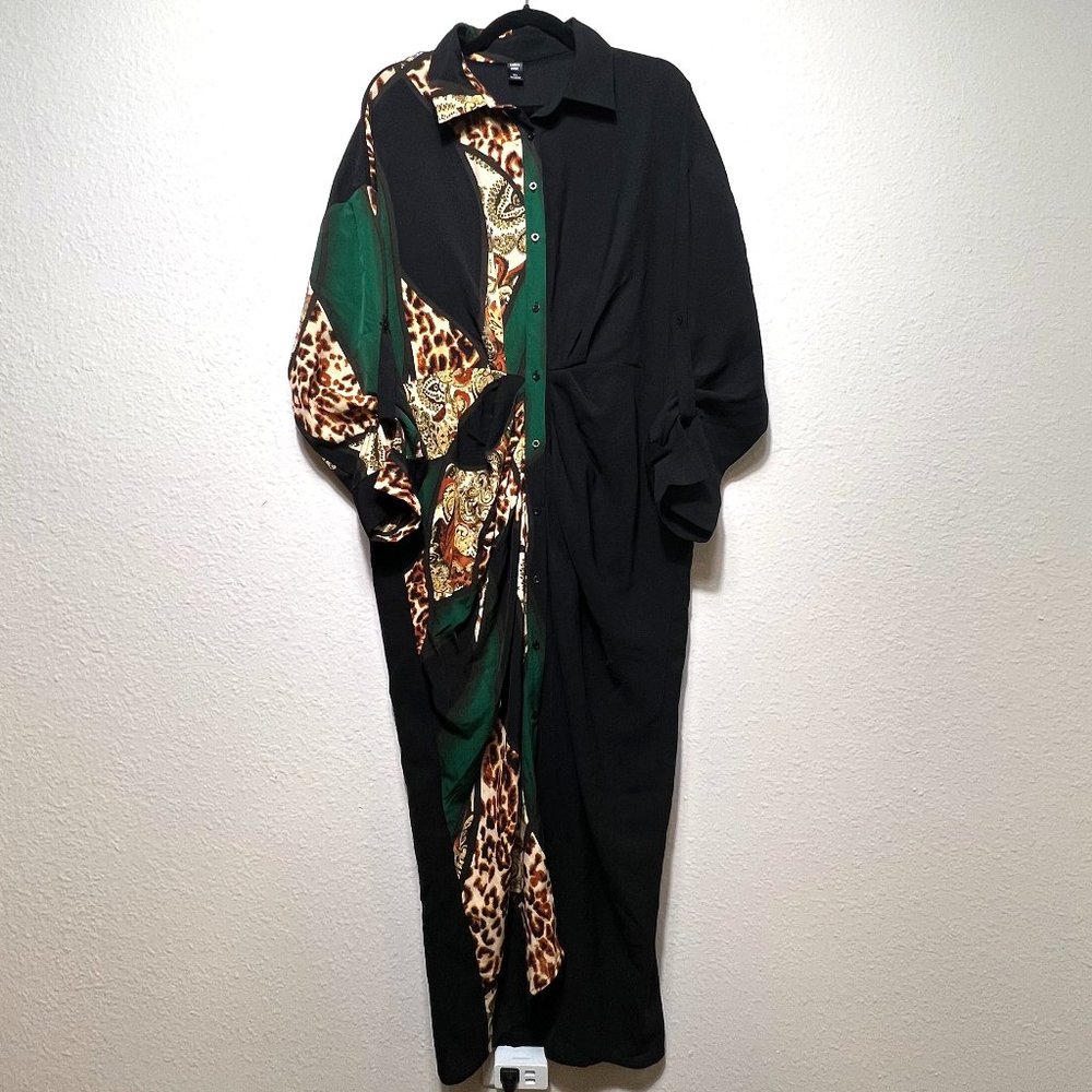 SHEIN Patchwork Print Roll Tab Sleeve Shirt Dress